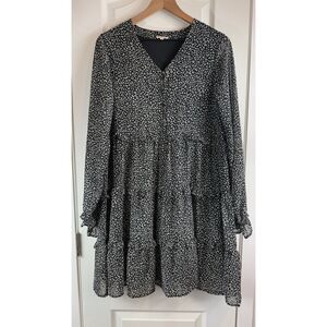 Jodifl Women's Long Sleeve Tiered Cheetah Print Dress Black White Size S